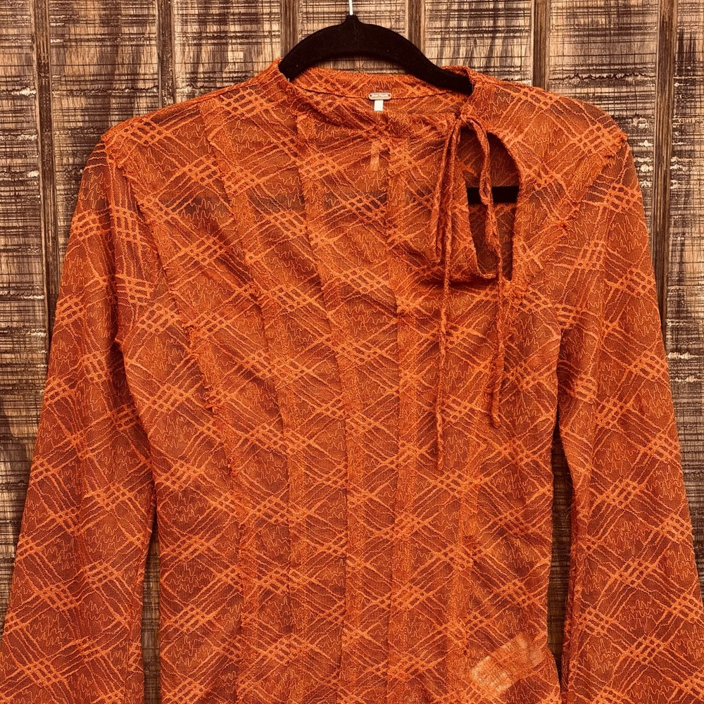 Free People Burnt Orange Mesh Bell Long Sleeve Blouse - Picture 3 of 14